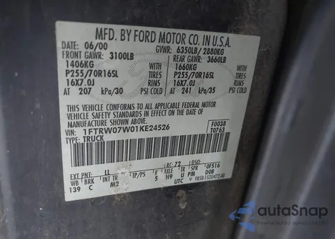 2001 Ford F150 Supercrew из США, поврежденный, VIN 1FTRW07W01KE24526